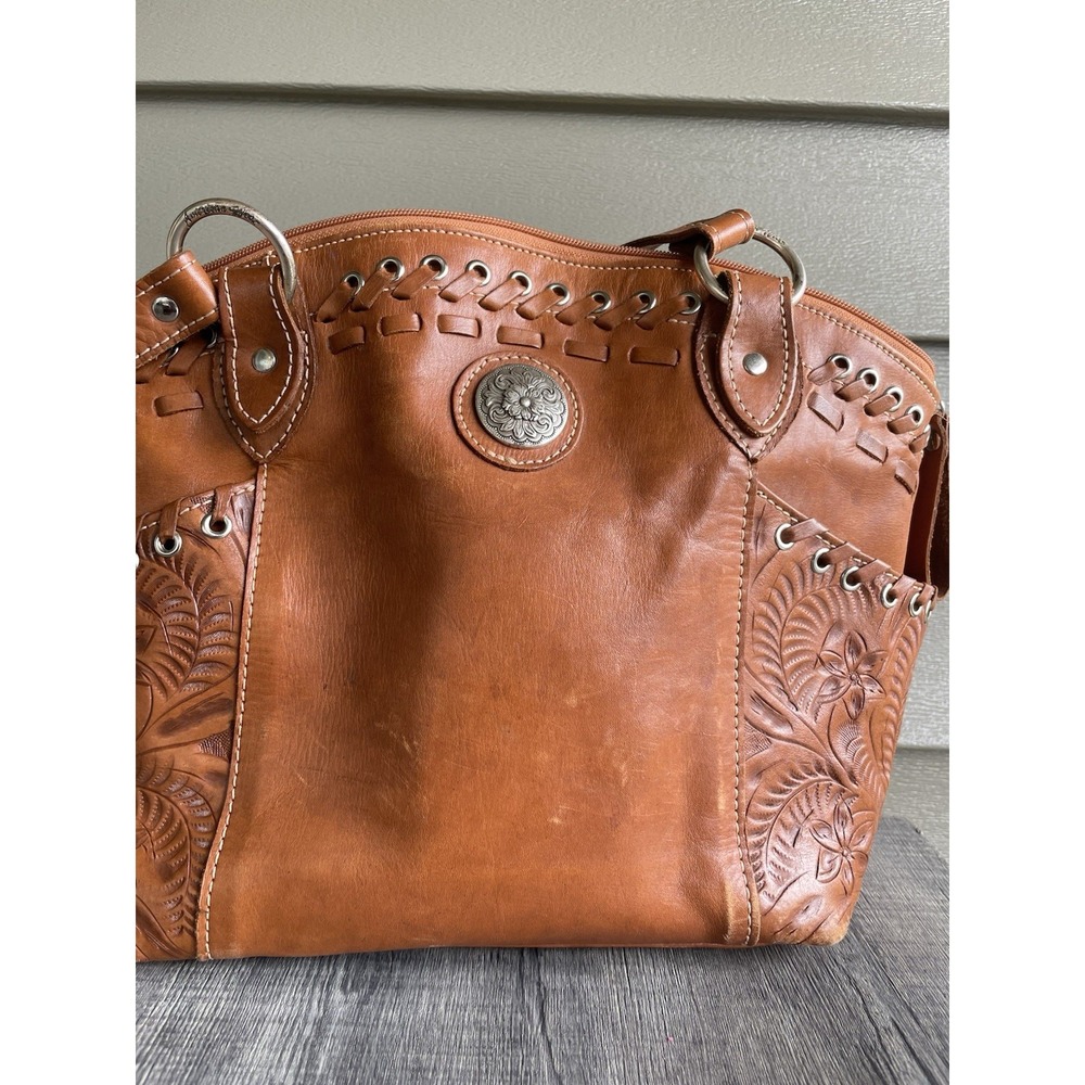 American West Embossed Tooled Leather Western Style Brown Tan Handbag Purse Bag - Picture 10 of 16
